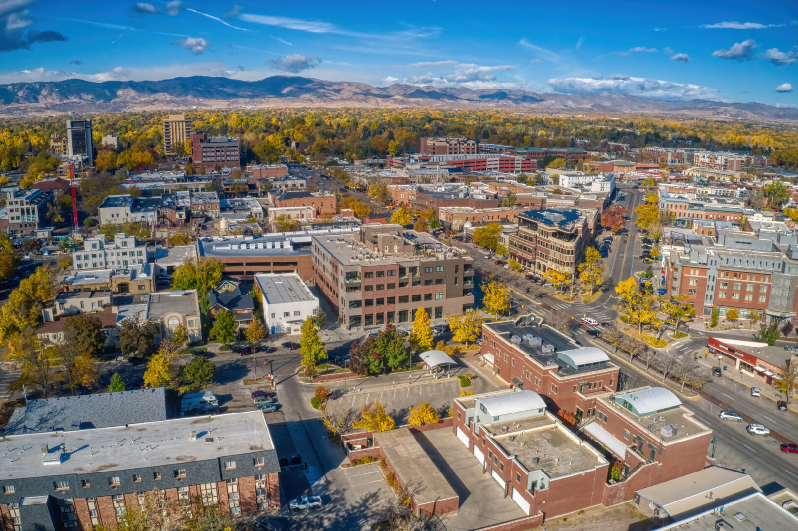 Aerial View of Downtown Fort Collins, Colorado in Autumn